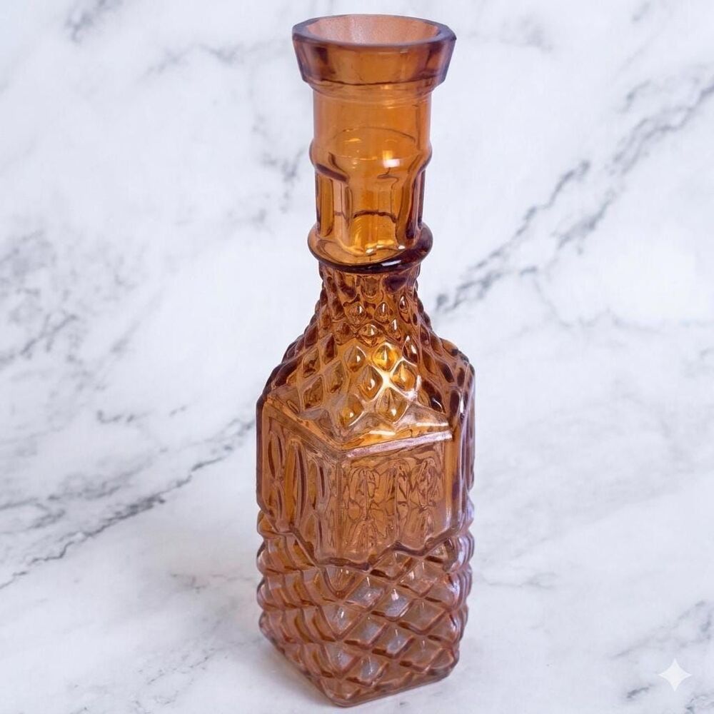 Vintage Amber Glass Barber or Bitters Decanter Bottle Quilted Pattern